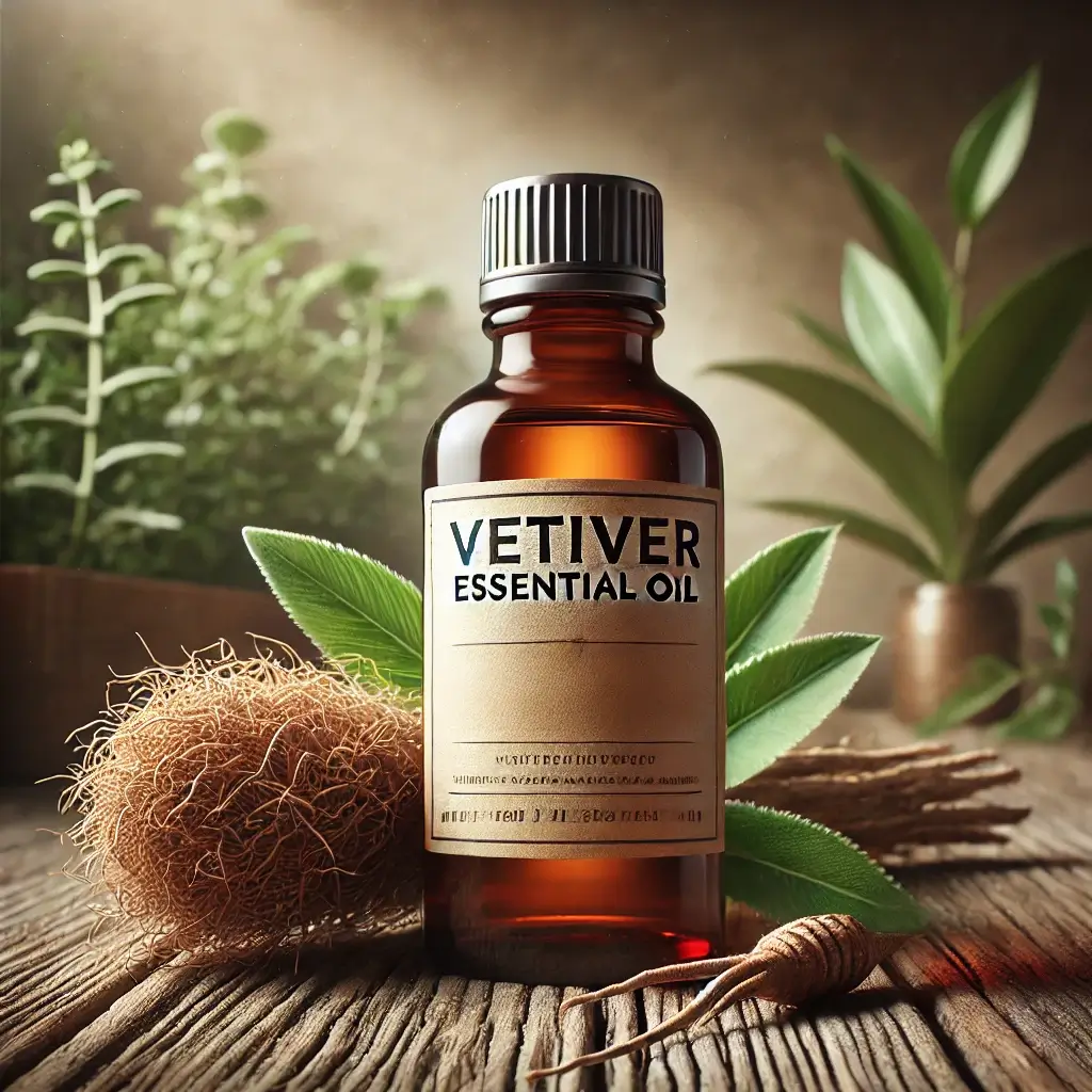 Bottle of vetiver essential oil placed on a rustic wooden surface, surrounded by fresh vetiver roots and green leaves.